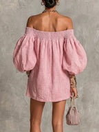 Pink Off-shoulder Lantern Sleeve A-line Loose Mini Dress