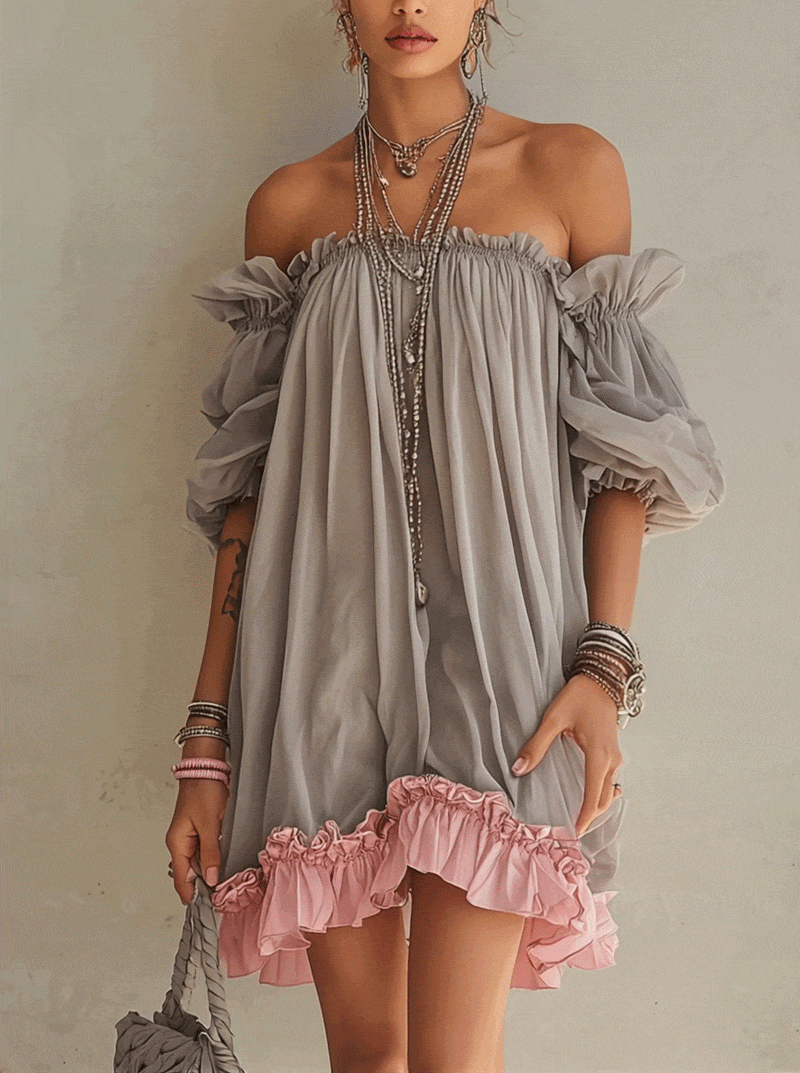 Gray Chiffon Off Shoulder Mini Dress With Pink Hem
