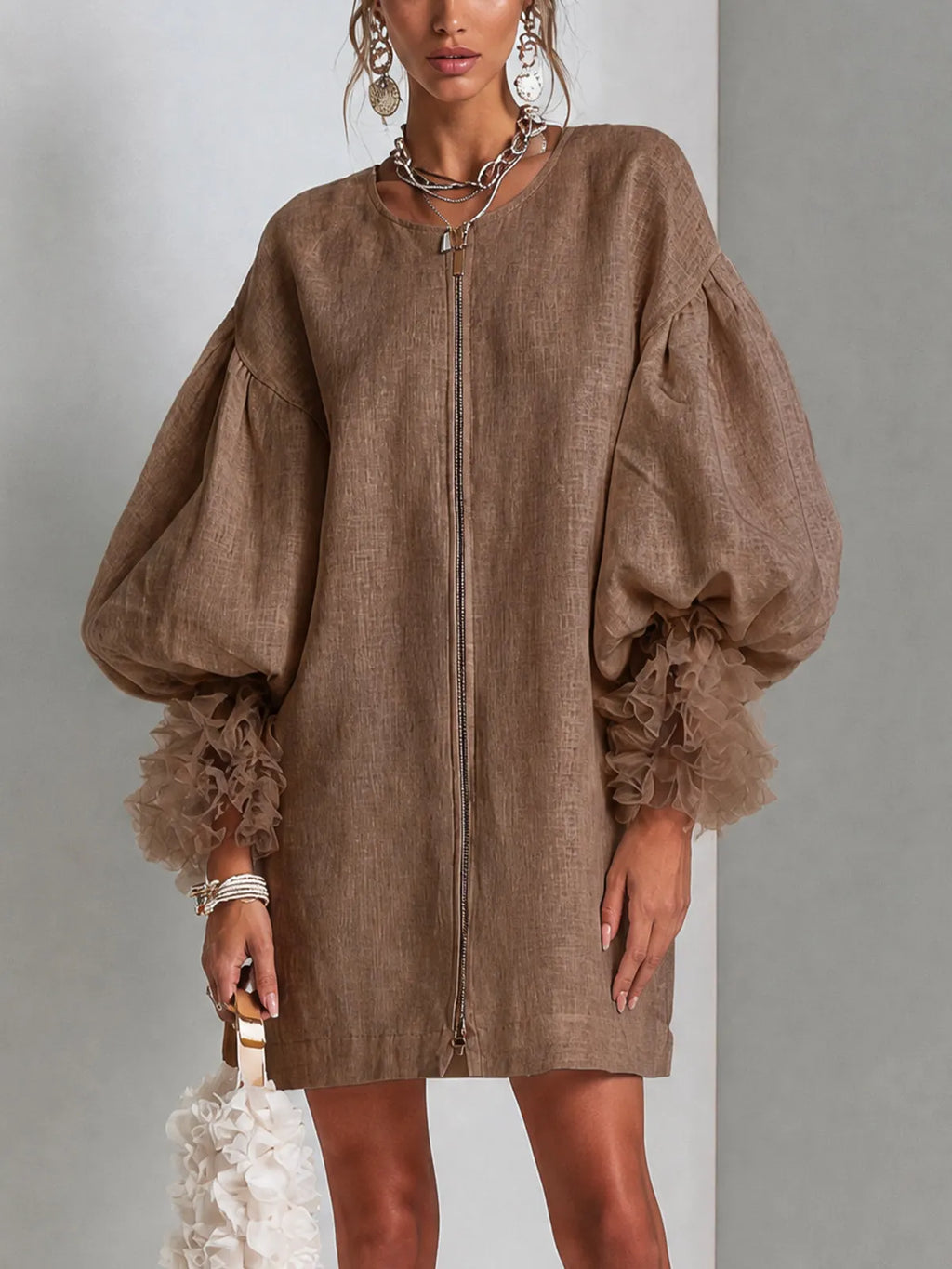 Brown Zip-Front Balloon Sleeve Mini Dress With Pleated Ruffle Cuffs