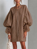 Brown Zip-Front Balloon Sleeve Mini Dress With Pleated Ruffle Cuffs