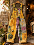 Women's Retro Style Art Print Washed Cotton Denim Patchwork Jumpsuit