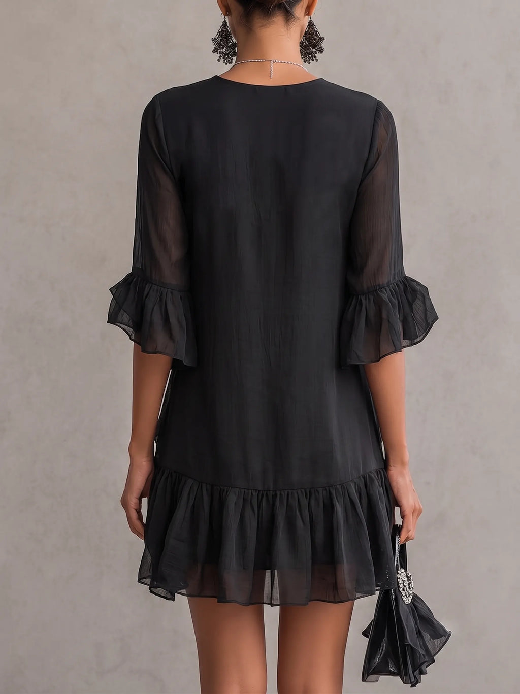 Black Ruffled Chiffon Lace Mini Dress