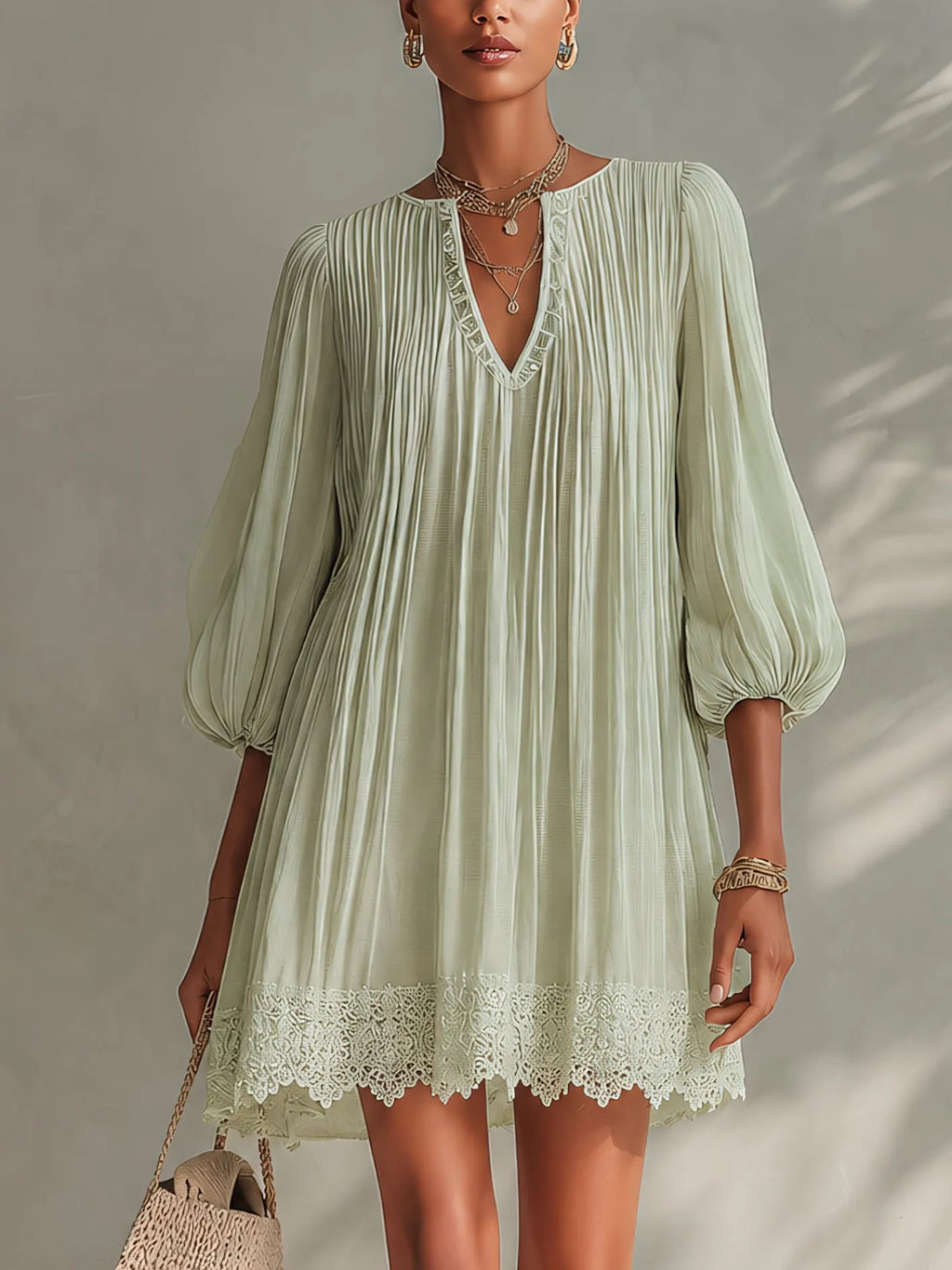 Light Green Ppleated Chiffon Lantern Sleeve Lace Mini Dress