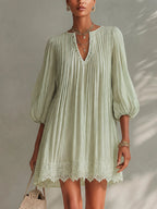 Light Green Ppleated Chiffon Lantern Sleeve Lace Mini Dress