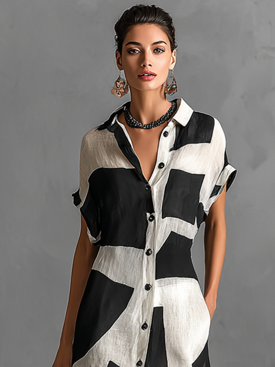 Cotton-Linen Geometric Print Short-Sleeve Maxi Shirt Dress