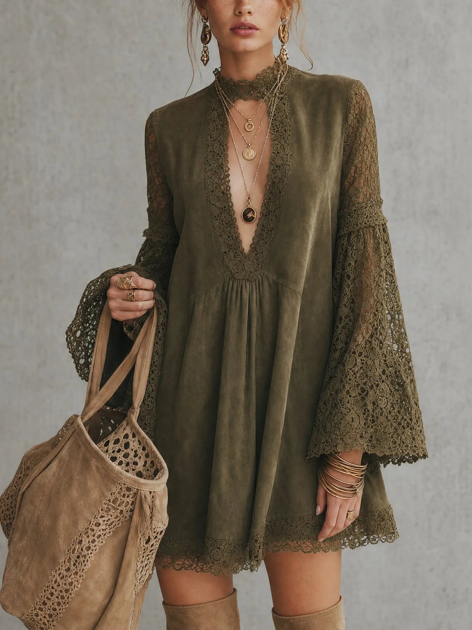 Olive Green Faux Suede Deep V Lace Flare Sleeve Mini Dress