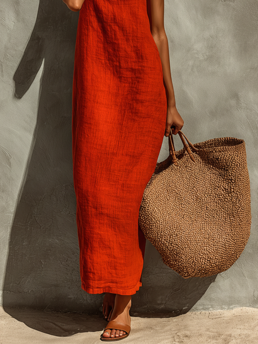 Red Cotton Square Neck Spaghetti Strap Dress