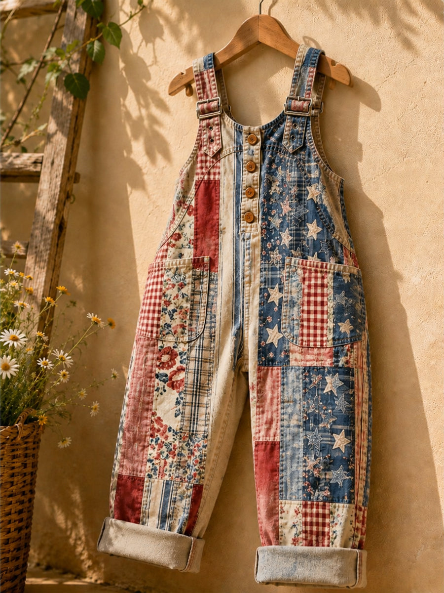Women's Retro Style Art Print Washed Cotton Denim Patchwork Jumpsuit