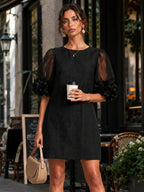 Black Organza Puff-sleeved Mini Dress With Striking Floral Cuffs
