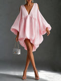 Baby Pink Chffion Deep V Cold Shoulder Mini Dress Puffy Balloon Sleeve Babydoll Party Dress
