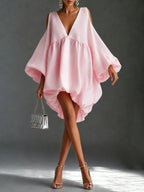 Baby Pink Chffion Deep V Cold Shoulder Mini Dress Puffy Balloon Sleeve Babydoll Party Dress
