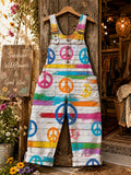 Women's Retro Style Art Print Washed Cotton Denim Patchwork Jumpsuit