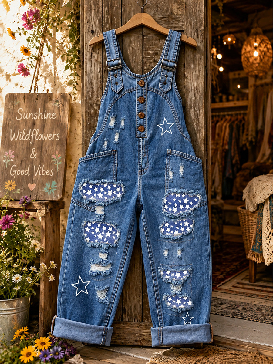 Women's Retro Style Art Print Washed Cotton Denim Patchwork Jumpsuit
