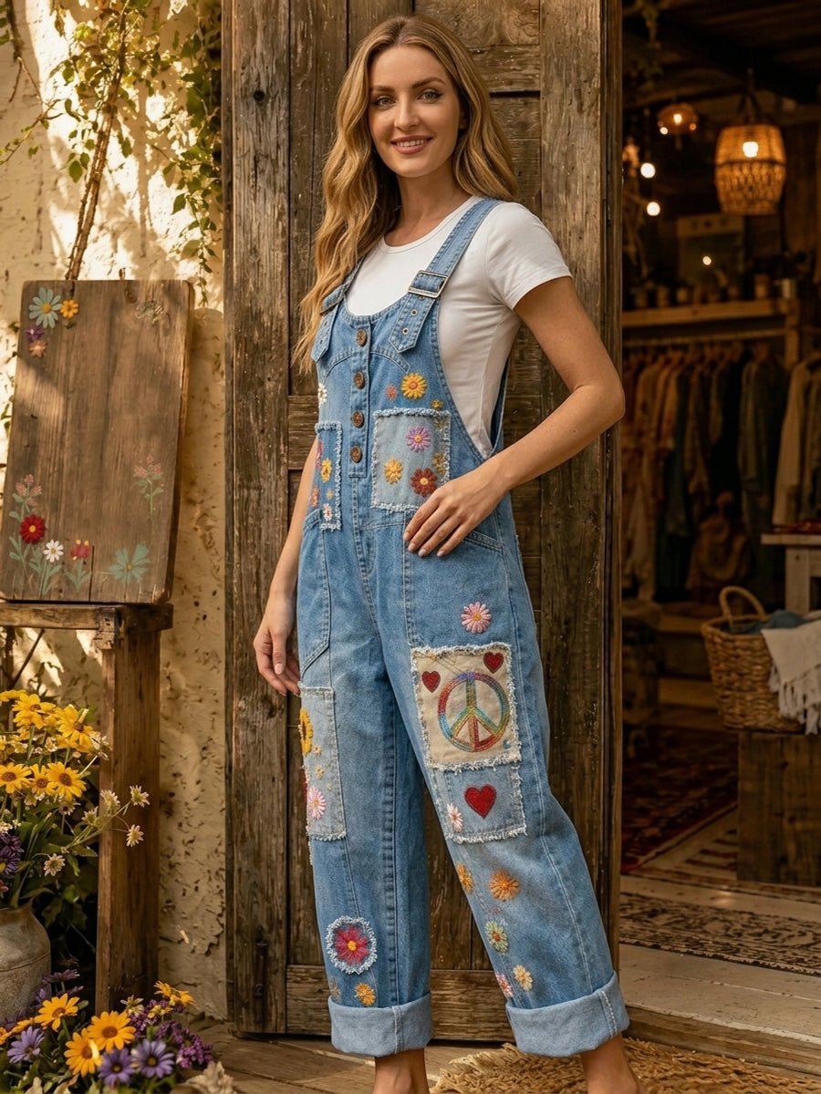 Women's Retro Style Art Print Washed Cotton Denim Patchwork Jumpsuit