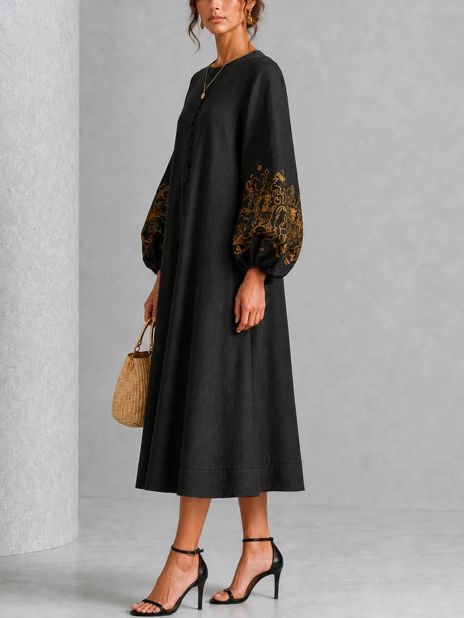 Black Gold Floral Print Button-Front Lantern-Sleeve Midi Dress