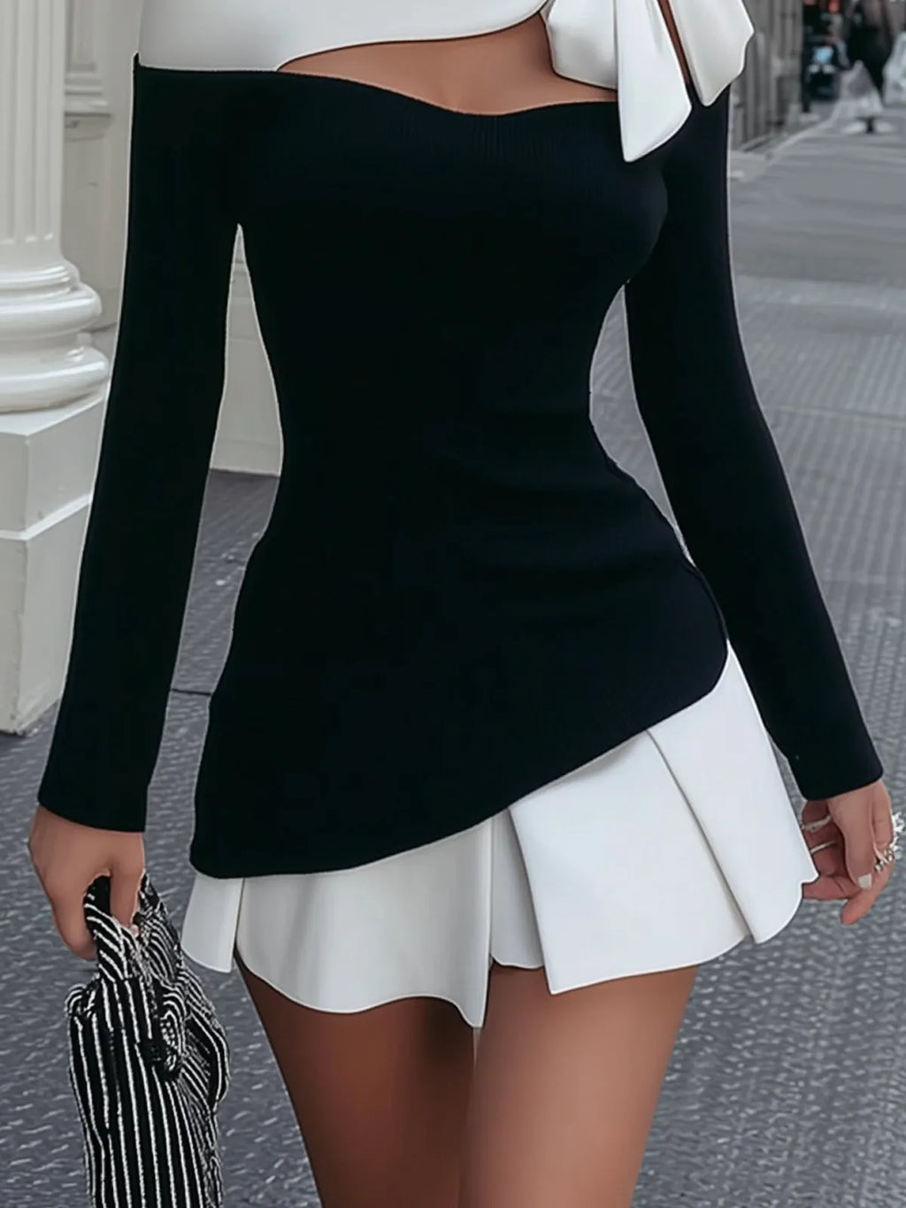Black And White Stitched Strappy Bow Tie Mini Dress Set
