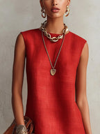 Red Sleeveless Mini Dress With Gold Trim Hem