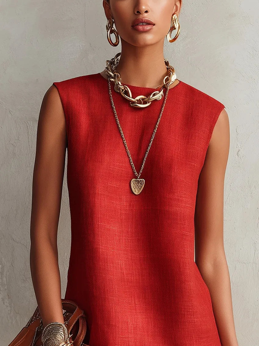 Red Sleeveless Mini Dress With Gold Trim Hem