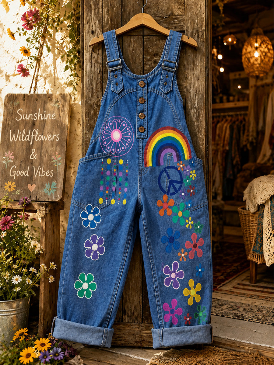 Women's Retro Style Art Print Washed Cotton Denim Patchwork Jumpsuit