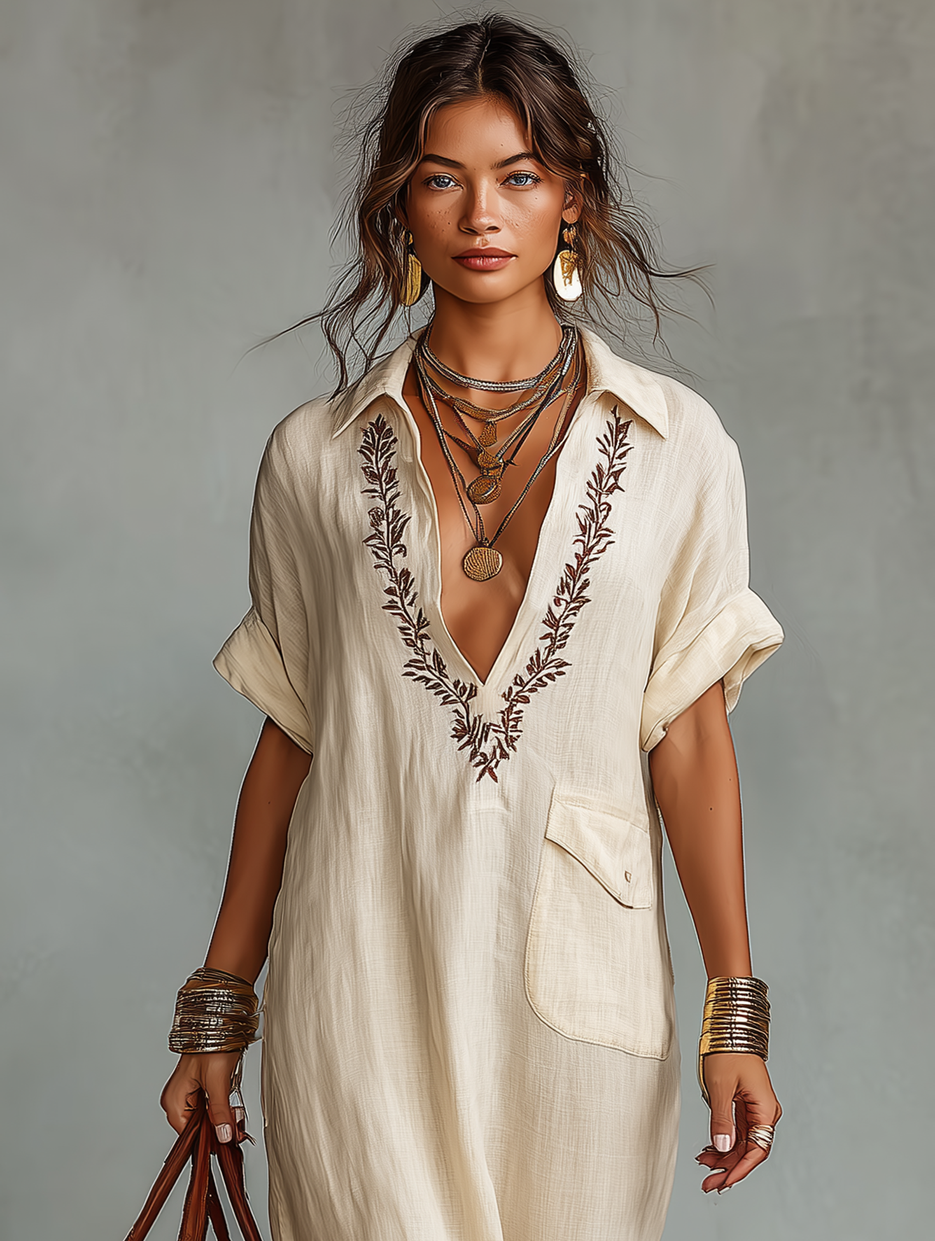 Minimalist Linen Blend Embroidered Short-sleeved Shirt Maxi Dress