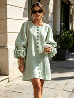 White Floral Button-down Mini Dress With Striking Floral Cuffs