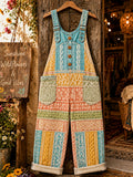 Women's Retro Art Print Denim Patchwork Jumpsuit