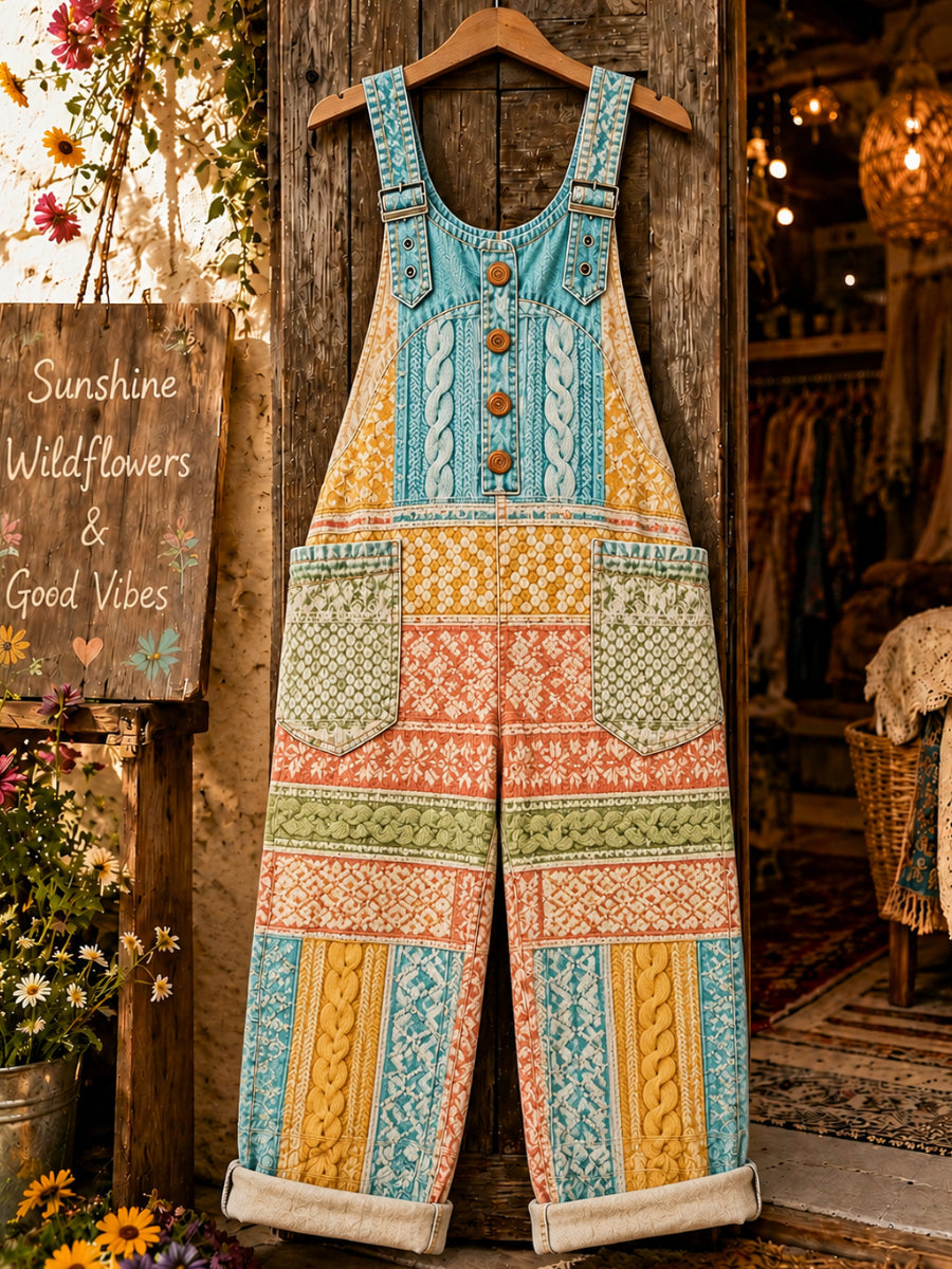 Women's Retro Art Print Denim Patchwork Jumpsuit