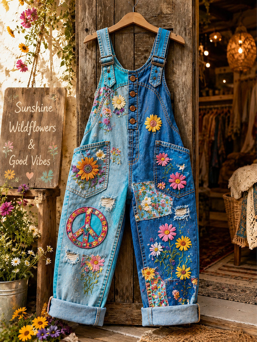 Women's Retro Style Art Print Washed Cotton Denim Patchwork Jumpsuit