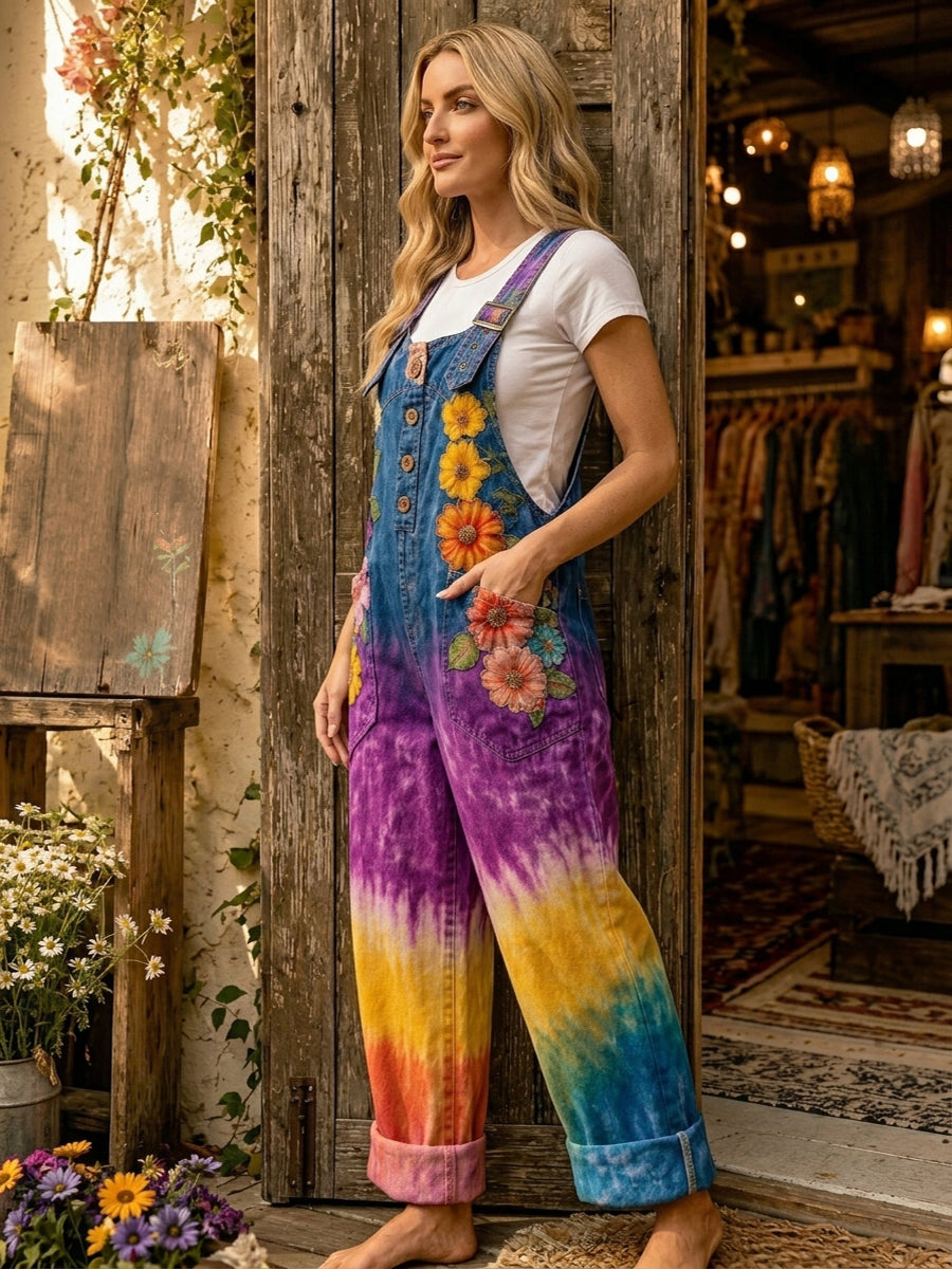 Women's Retro Style Art Print Washed Cotton Denim Patchwork Jumpsuit