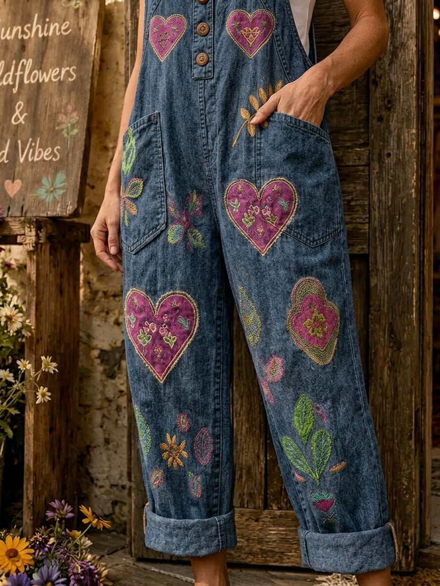 Women's Retro Style Art Print Washed Cotton Denim Patchwork Jumpsuit
