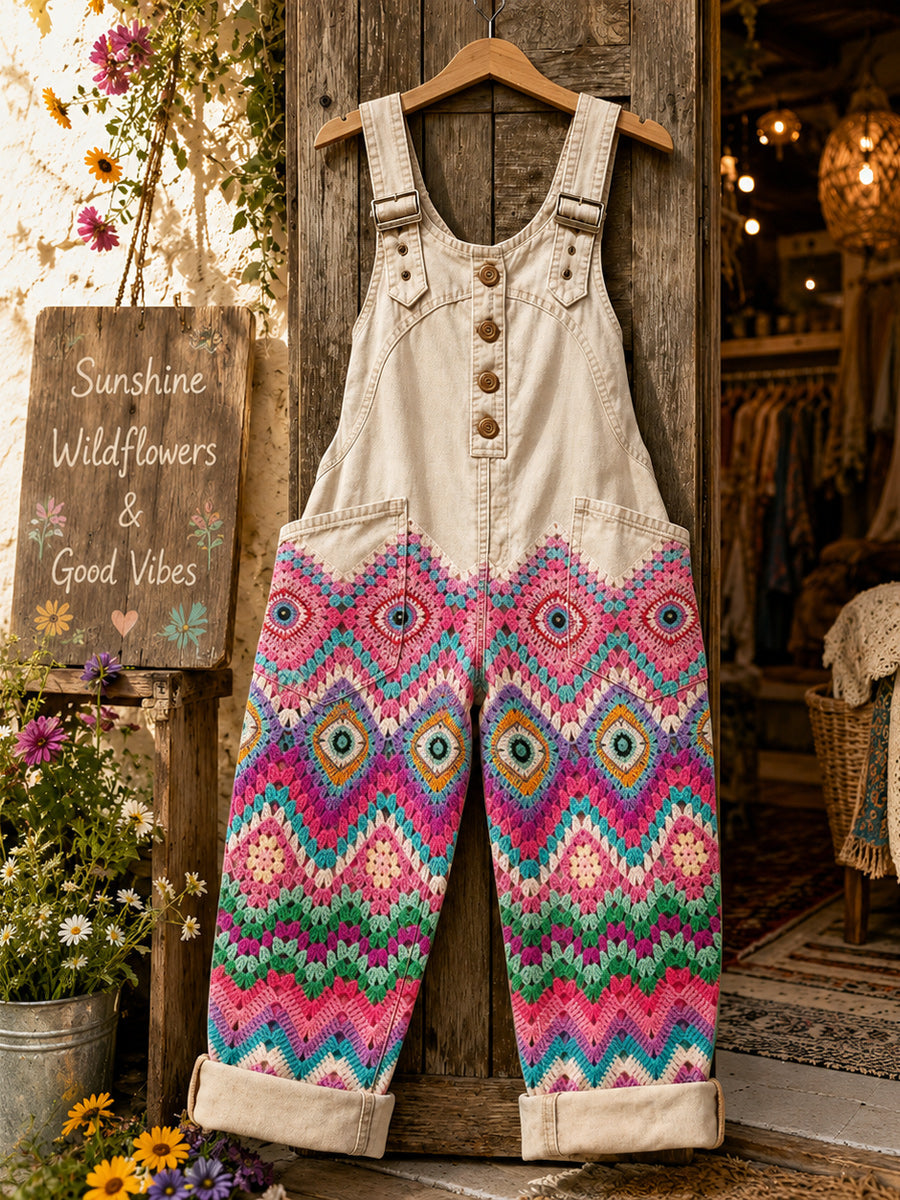 Women's Retro Style Art Print Washed Cotton Denim Patchwork Jumpsuit