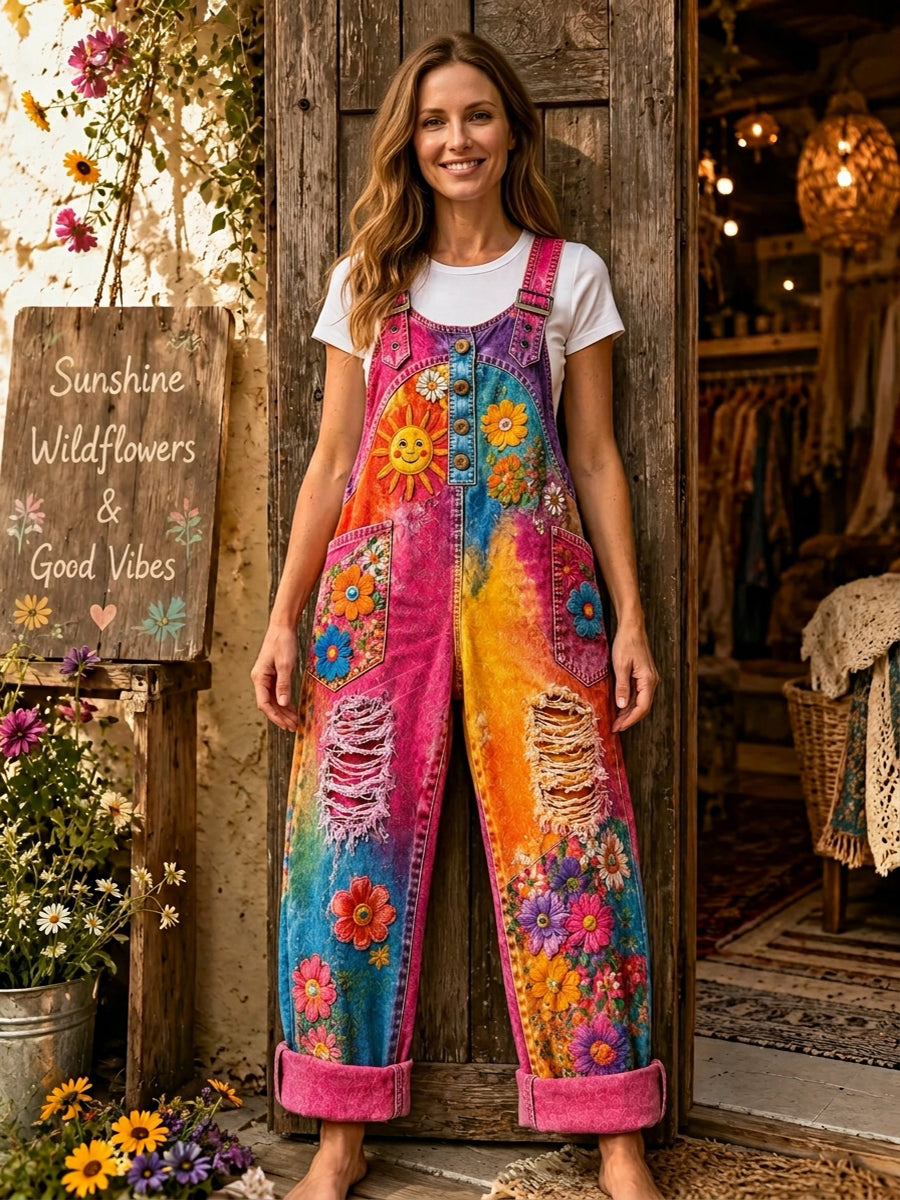 Women's Retro Art Print Denim Patchwork Jumpsuit