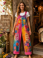 Women's Retro Art Print Denim Patchwork Jumpsuit