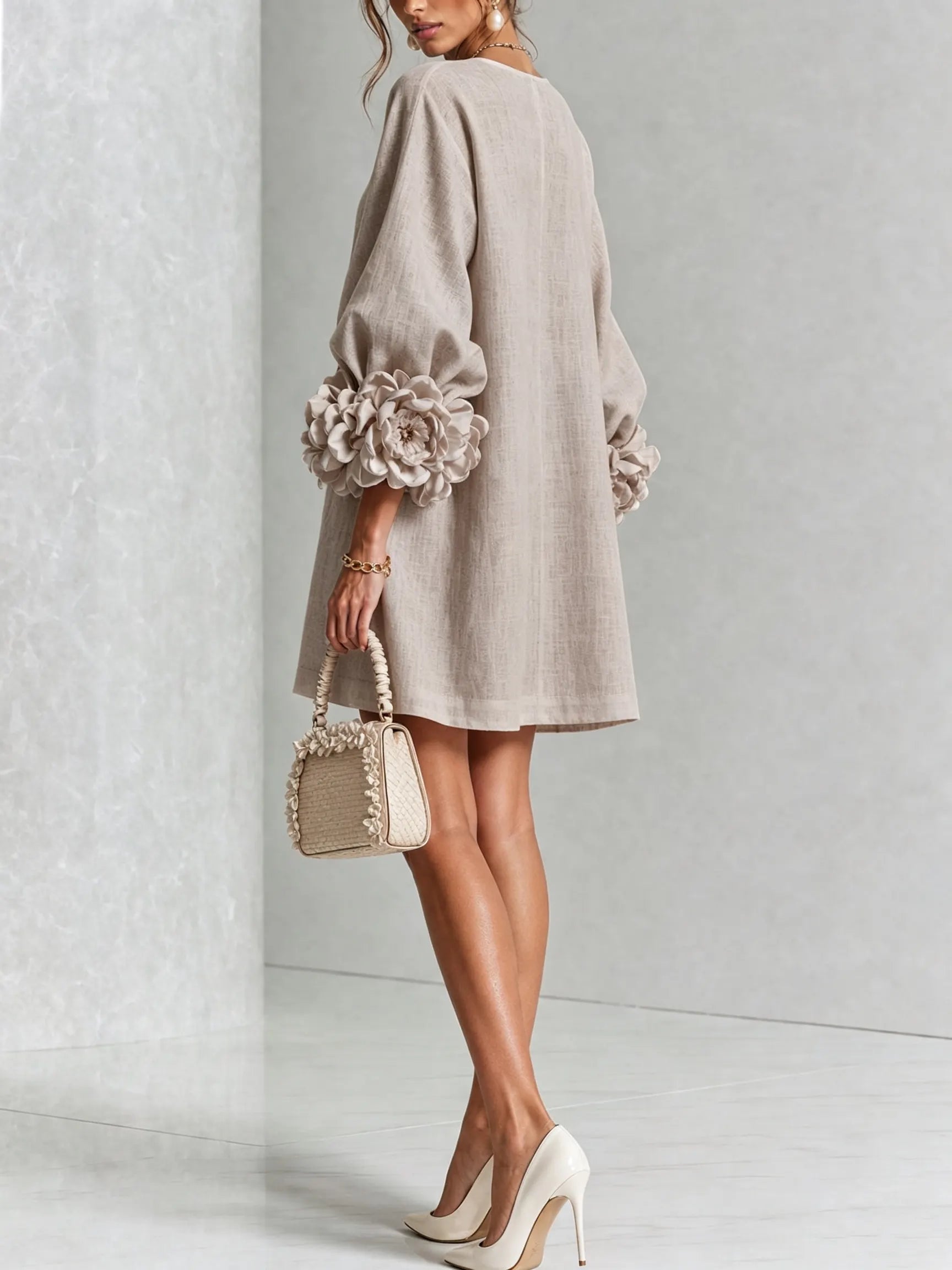 White Floral Button-down Mini Dress With Striking Floral Cuffs