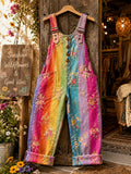 Women's Retro Style Art Print Washed Cotton Denim Patchwork Jumpsuit