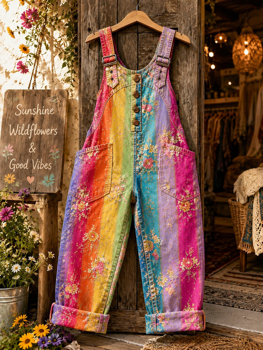 Women's Retro Style Art Print Washed Cotton Denim Patchwork Jumpsuit