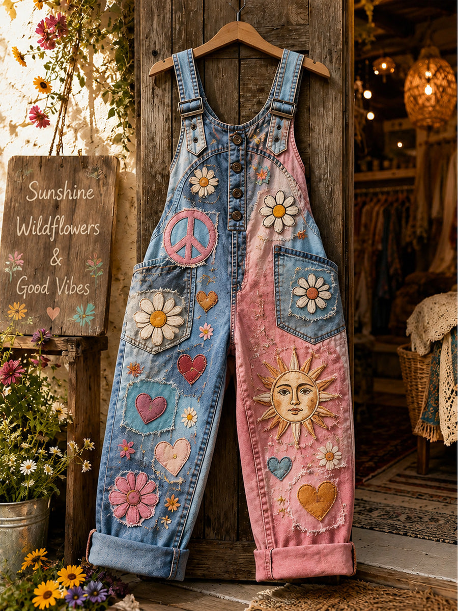 Women's Retro Style Art Print Washed Cotton Denim Patchwork Jumpsuit