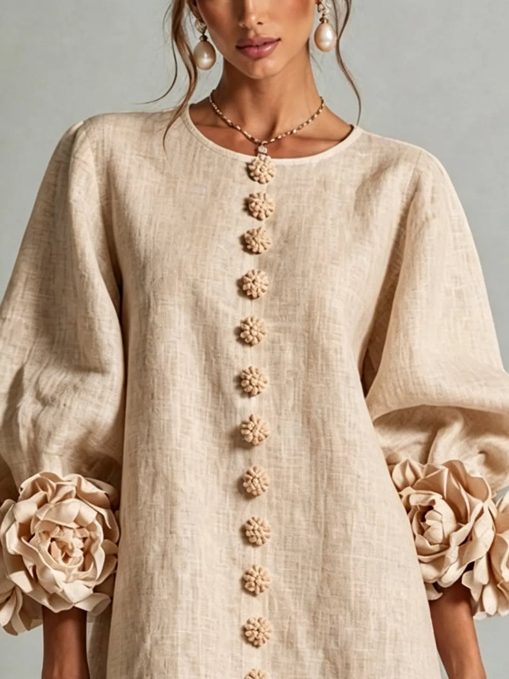 Beige Floral Button-down Mini Dress With Striking Floral Cuffs