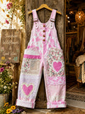 Women's Retro Style Art Print Washed Cotton Denim Patchwork Jumpsuit