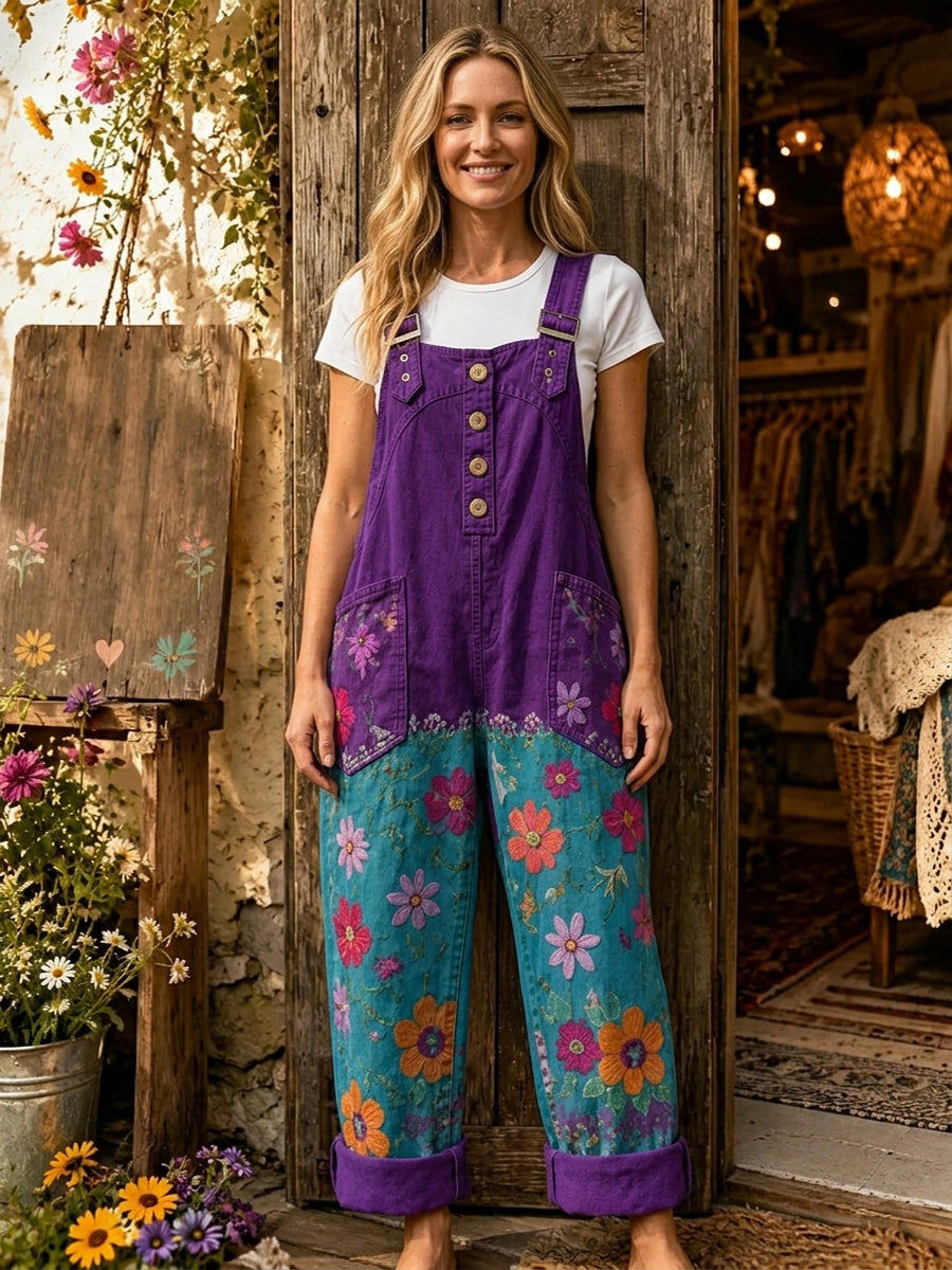 Women's Retro Style Art Print Washed Cotton Denim Patchwork Jumpsuit
