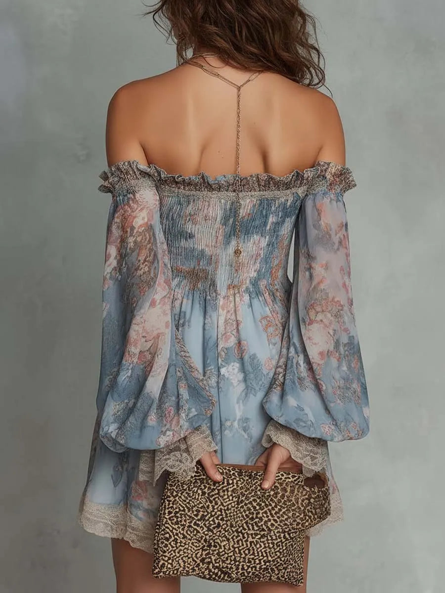 Romantic Floral Off-Shoulder Ruched Chiffon Mini Dress
