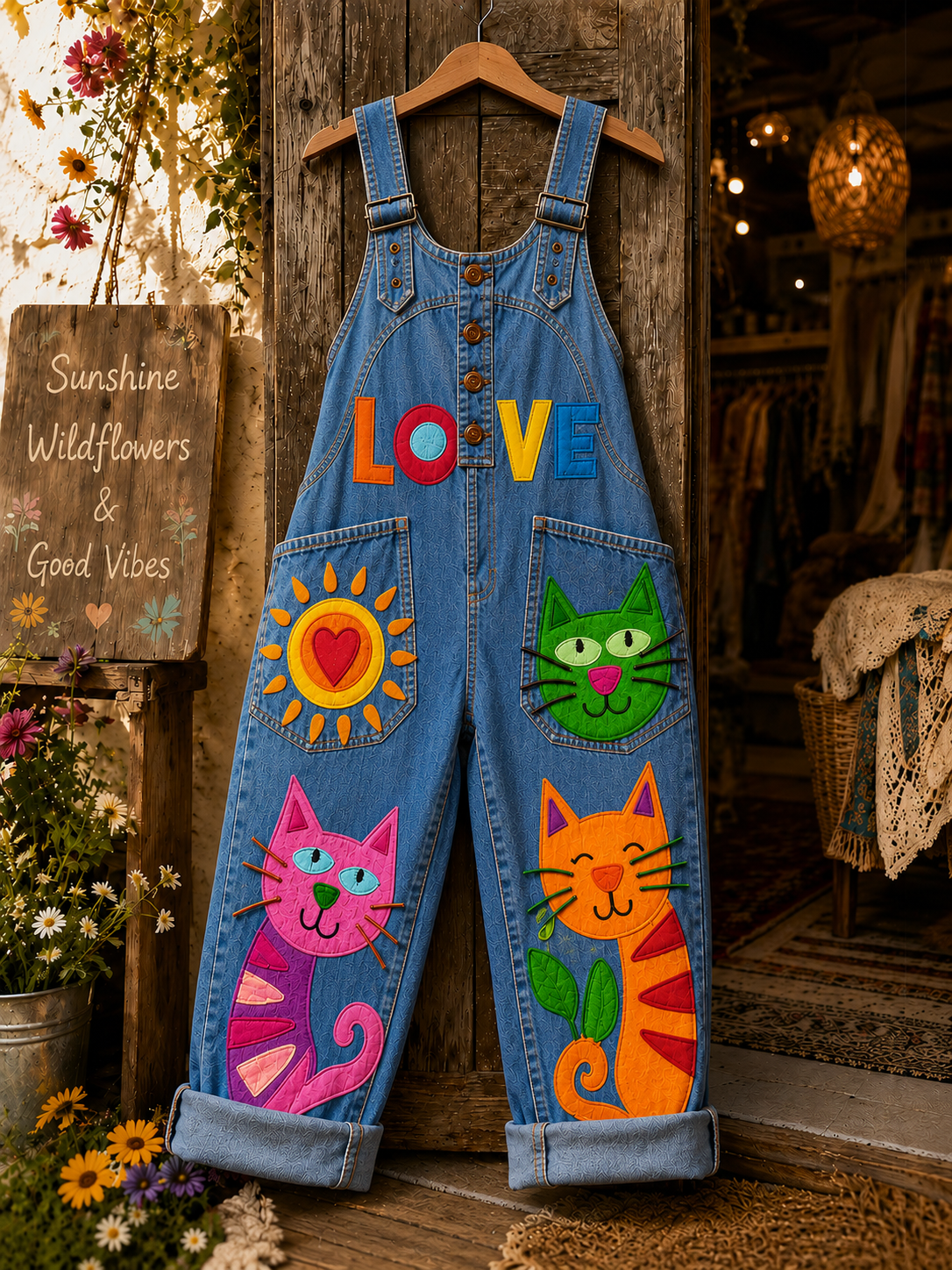 Women's Retro Style Art Print Washed Cotton Denim Patchwork Jumpsuit