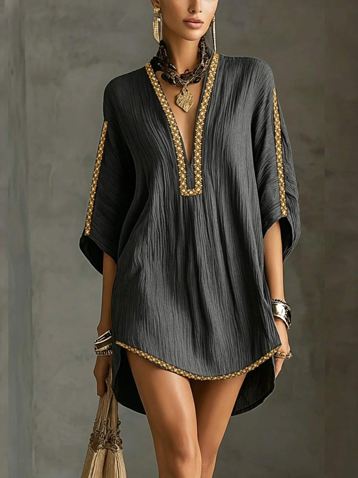 Embroidered Kaftan Mini Dress
