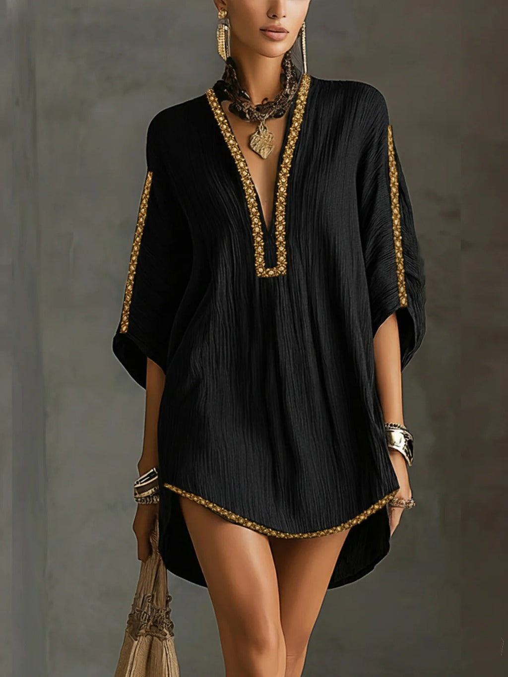 Embroidered Kaftan Mini Dress