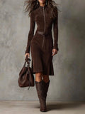Brown Vintage Zipper Belted Midi Dress