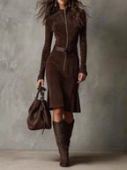 Brown Vintage Zipper Belted Midi Dress