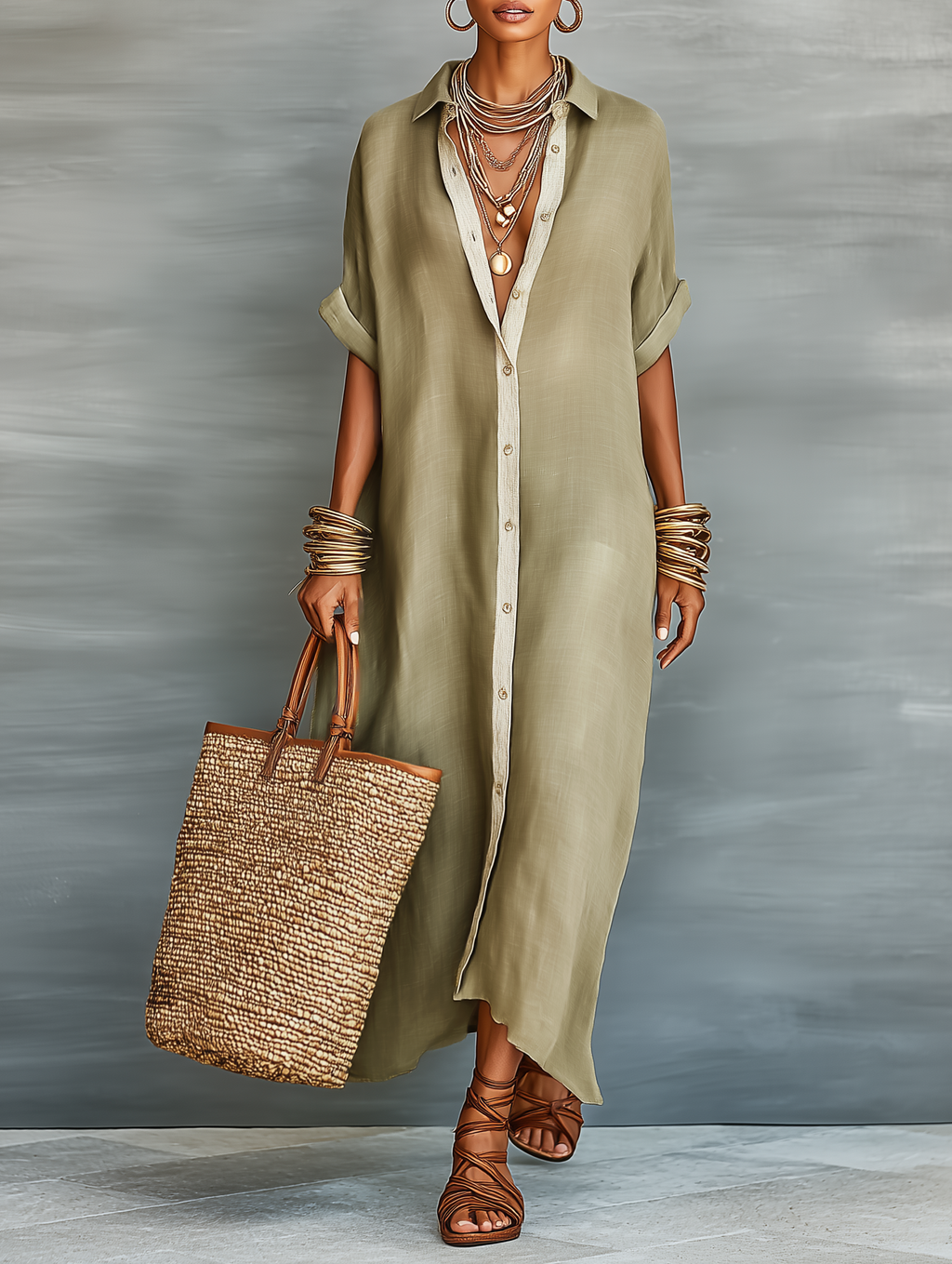 Linen-Blend Short-Sleeve Shirt Maxi Dress