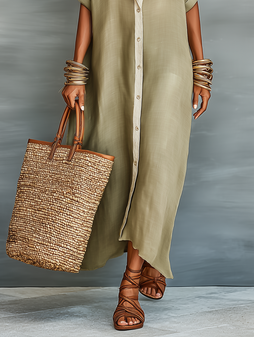 Linen-Blend Short-Sleeve Shirt Maxi Dress