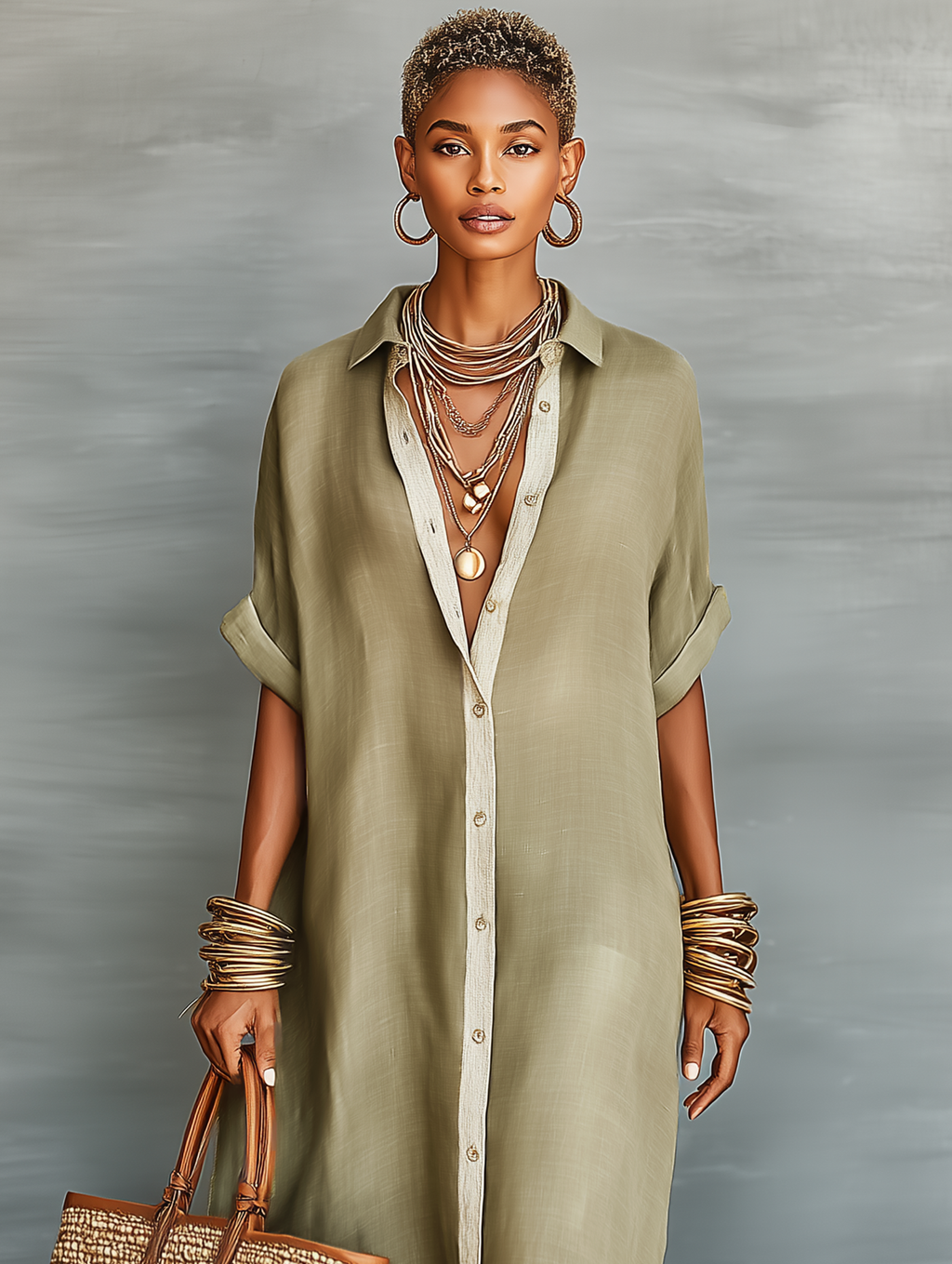 Linen-Blend Short-Sleeve Shirt Maxi Dress