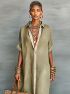 Linen-Blend Short-Sleeve Shirt Maxi Dress
